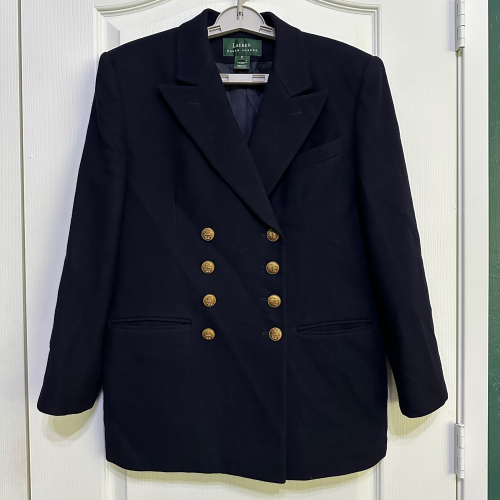 Vintage USA Made Lauren Ralph Lauren Wool Blazer 8 Double Breasted Gold Button